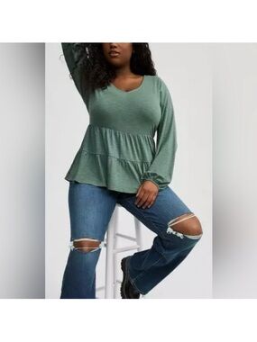 Vintage Slub Vneck Tiered Long Sleeve Top